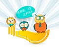Back to school. A smart owl in a tie and two little ones are sitting on a yellow light bulb on a white background Royalty Free Stock Photo