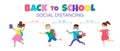 Back to school social distancing children students vector catoon illustration