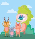 Back to school, squirrel koala deer books bubble tree outdoor cartoon Royalty Free Stock Photo