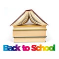 Back to school. Stack of books with roof on white background. Text