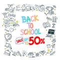 Back to school stationery supply item discount doodle icons pattern background. hand drawn cartoon education sign and icon symbols Royalty Free Stock Photo
