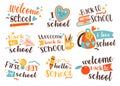 Back to school sticker badge with hand drawing lettering and education accessories isolated set Royalty Free Stock Photo