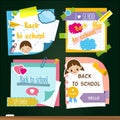 Back to school stickers. Design template of memory sticky notes, study symbols. For marketing advertisements and pupil announcemen Royalty Free Stock Photo