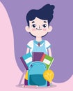Back to school, student boy books bag pencils elementary education cartoon Royalty Free Stock Photo