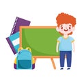 Back to school, student boy books blackboard and bag elementary education cartoon Royalty Free Stock Photo
