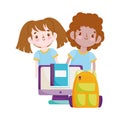 Back to school, student boy and girl backpack computer textbook elementary education cartoon Royalty Free Stock Photo