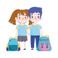 Back to school, student boy and girl backpacks elementary education cartoon