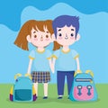 Back to school, student boy and girl backpacks elementary education cartoon