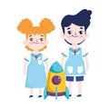 Back to school, student boy and girl rocket elementary education cartoon