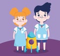 Back to school, student boy and girl rocket elementary education cartoon