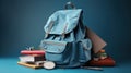 Back to school, student colored backpack with textbooks, kickball and ballpoint pens. AI generated. Royalty Free Stock Photo