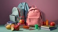 Back to school, student colored backpack with textbooks, kickball and ballpoint pens. AI generated. Royalty Free Stock Photo