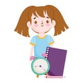 Back to school, student girl notebook clock time elementary education cartoon Royalty Free Stock Photo