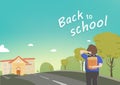 Back to school, student walks to school, seasonal, vector cartoon, greeting card, road way to school