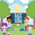 Back to School students characters with blackboard in the park