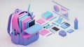 Back to School Supplies Backpack, Books, and Tech 3D Render Royalty Free Stock Photo