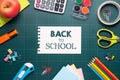 Back to school supplies. Books and chalkboard. Royalty Free Stock Photo