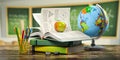 Back to school supplies. Books, globe, pencils on a desk in classroom Royalty Free Stock Photo