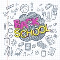 Back to School Supplies collection. Sketchy notebook doodles set with lettering Royalty Free Stock Photo