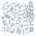 Back to School Supplies collection. Sketchy notebook doodles set with lettering Royalty Free Stock Photo