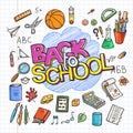 Back to School Supplies collection. Sketchy notebook doodles set with lettering Royalty Free Stock Photo