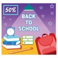 Back to school with school supplies. School backpack with stationery on the bright background. Royalty Free Stock Photo