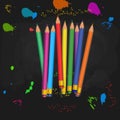 Back to school supplies. Heap of colorful realistic pencils with rubber erasers isolated on abstract black background