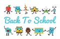 Back to school supplies smilies funny cartoon characters vector flat illustration Royalty Free Stock Photo