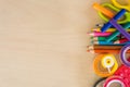 Back to school supplies, stationery accessories on wooden background, Top view Royalty Free Stock Photo