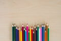 Back to school supplies, stationery colorful pencils accessories wooden background, Top view flat Royalty Free Stock Photo