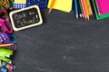 Back to School tag with school supplies border on blackboard Royalty Free Stock Photo