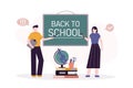 Back to school. Teachers near deskboard. Cartoon tutors announce about starting new school year. Studying and learning