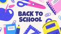 Back to school template banner with backpack, copybook, book, apple, scissors, ruler, paper clips. Hand drawn doodle cartoon style