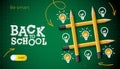 Back to school template with tic tac toe game, green checkered board, pencils makes and doodle lightbulbs Royalty Free Stock Photo