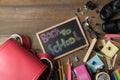 Back to school text on black chalk board with bag Royalty Free Stock Photo