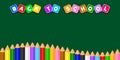 Back to school text on blackboard school for banner background, colorful pencils crayon pastel cute in a row on green copy space, Royalty Free Stock Photo