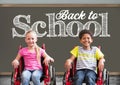 Back to school text on blackboard with disabled boy and girl in wheelchairs