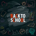 Back to school text in blackboard with school items and elements.