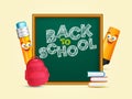 Back to school text on chalkboard with cartoon characte.