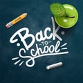 Back to school text drawing by colorful chalk in blackboard with school items and elements. Vector illustration banner Royalty Free Stock Photo