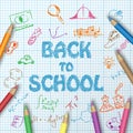 Back to school text drawing on paper graph with hand draw doodle Royalty Free Stock Photo