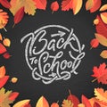 Back to School text drawing by white chalk on Green Chalkboard. Autumn leaves education vector illustration banner. Welcome Back Royalty Free Stock Photo