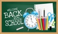 Back to school text on green chalkboard with alarm clock, crayon, notepaper, pencil, chalk, scissors, ruler, sharpener and