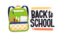 Back to school text, lettering composition with schoolbag. Childs bag packed with pens and stationery supplies. Kids Royalty Free Stock Photo