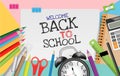 Back to school text on note paper with school supplies on pastel color background. Vector illustration Royalty Free Stock Photo