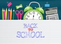 Back to school text on notebook with school supplies. Vector illustration Royalty Free Stock Photo