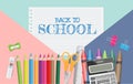 Back to school text on notepaper with school supplies on pink background. Vector illustration Royalty Free Stock Photo