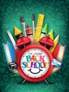 Back to School Text in Red Alarm Clock with Books, Crayons Royalty Free Stock Photo