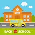 Back to school text. School building with clock and windows. Royalty Free Stock Photo