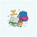 Back to school text. Studying stuff doodle style illustration. Opened book, bag, pen, pencil illustration
